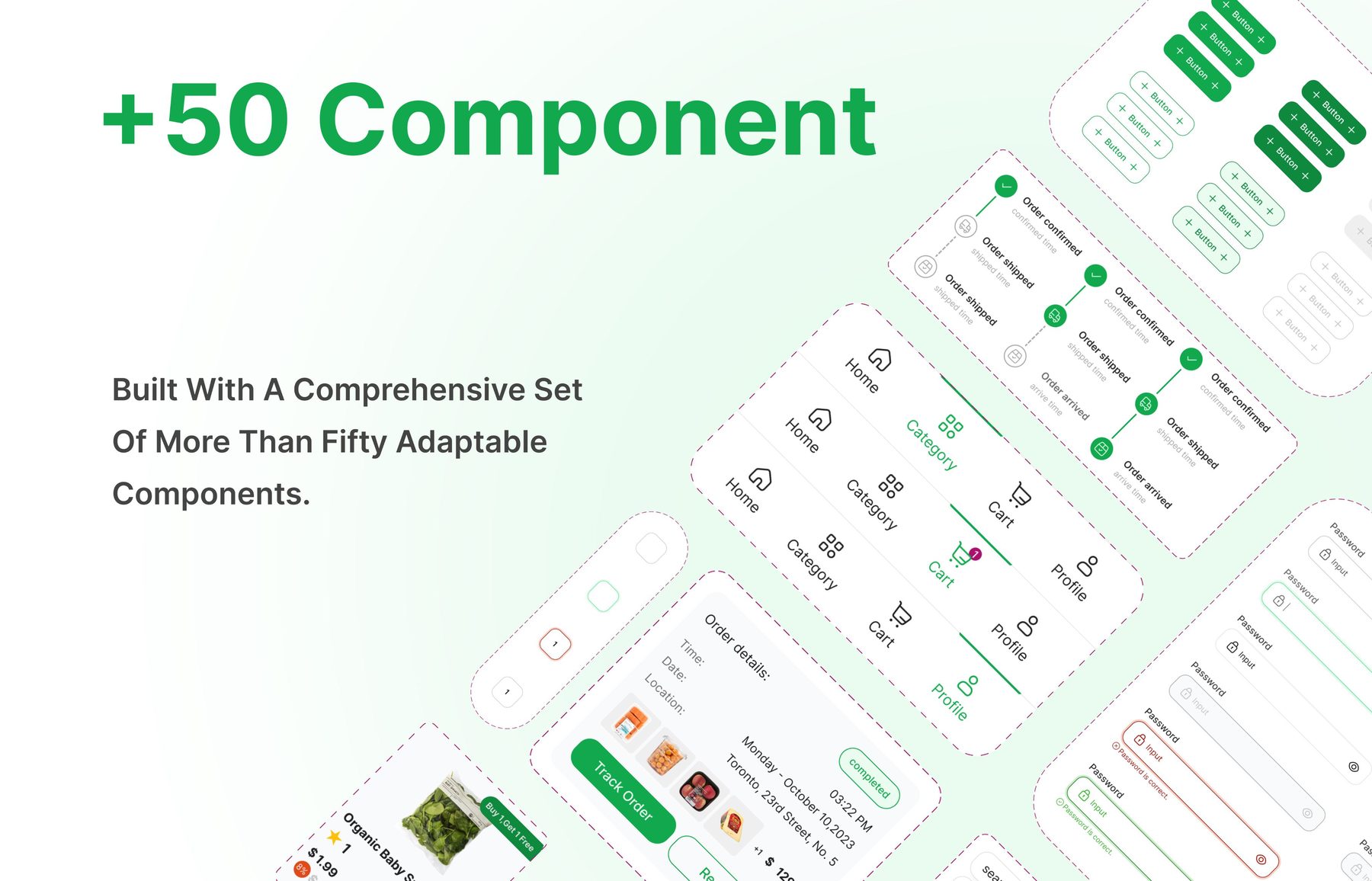 Fresh Drop component sheet showing buttons, navigation, order tracking, and form fields