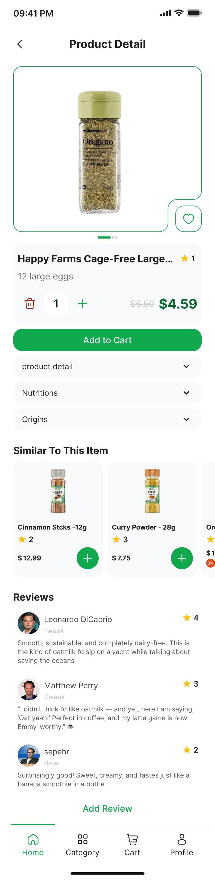 Product detail for cage-free eggs with quantity, nutrition, similar items, and reviews