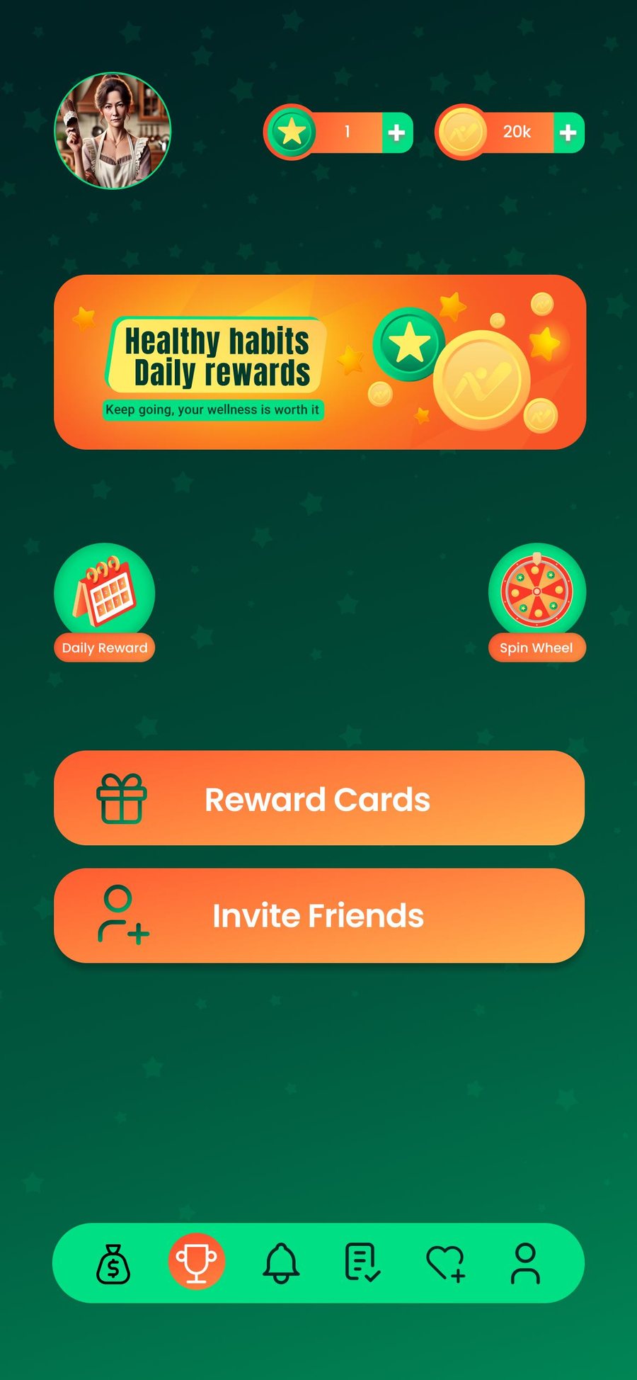 NagMe rewards screen with coins, daily reward, and invite friends